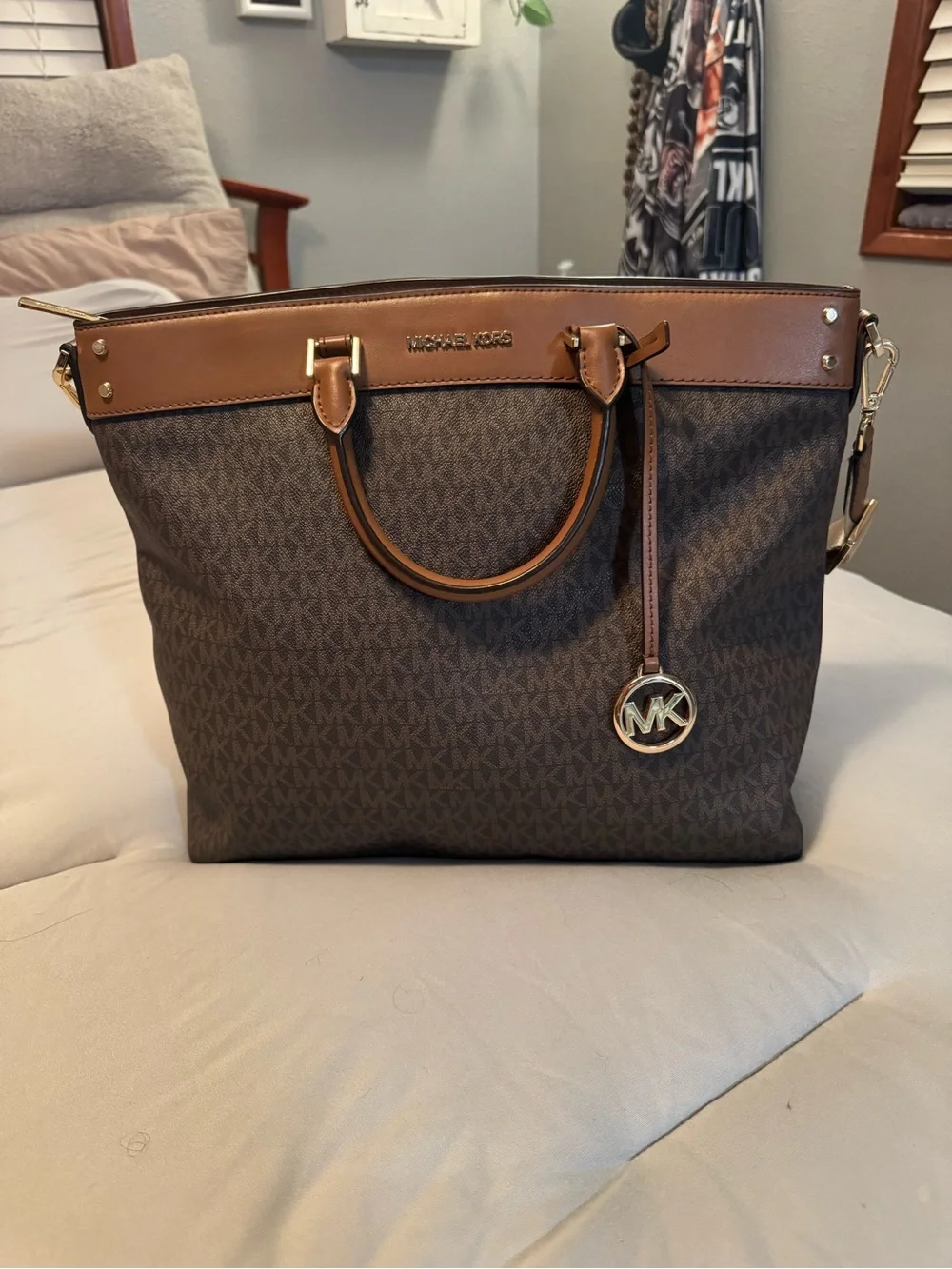 Michael Kors Brown Logo Tote with Tan Trim and Gold Hardware